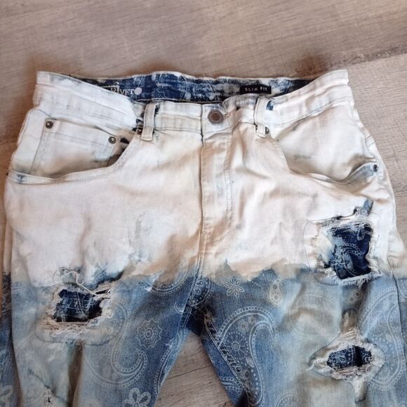 Copper Rivet Jeans Bandana Print Paint Dip Ripped Slim Fit Blue Pants 36/32 - Picture 3 of 6